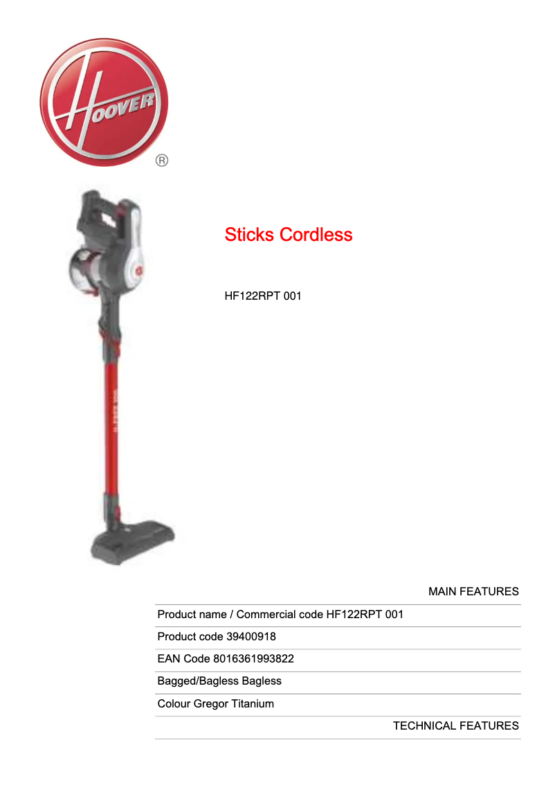 Page n°1 - Fiche technique Hoover H-FREE 100 HF122RPT 001