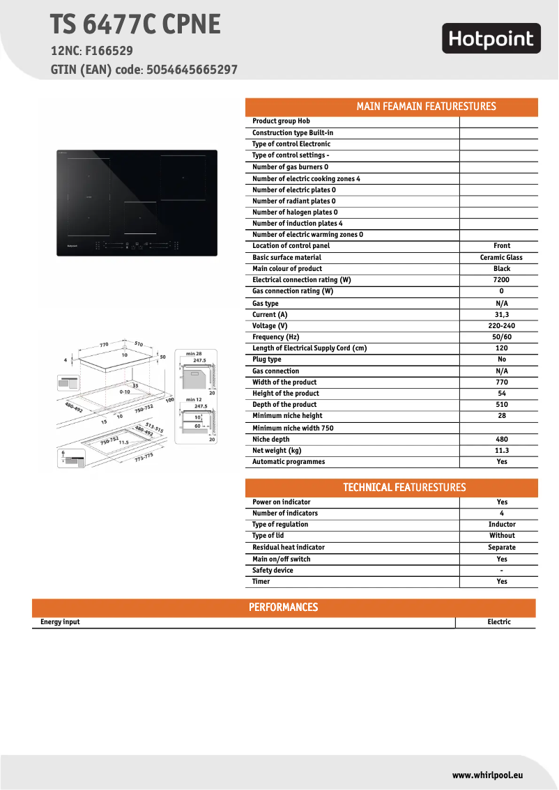 Page 1 de la notice Fiche technique Hotpoint TS 6477C CPNE