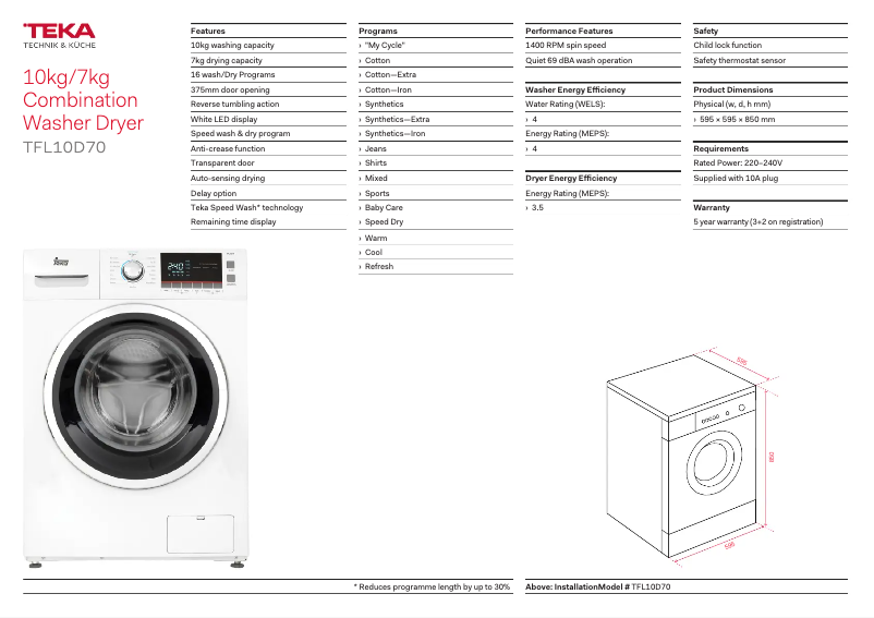 Page 1 de la notice Fiche technique Teka TFL10D70