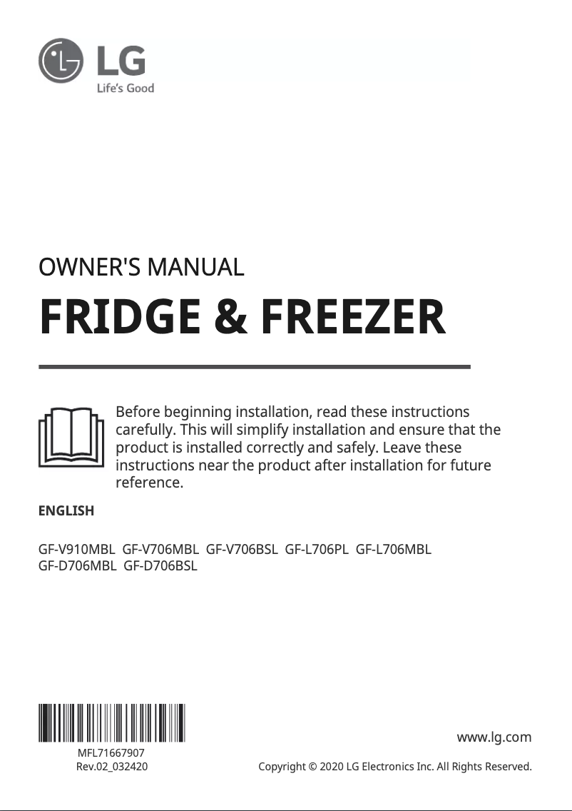 Page 1 de la notice Manuel utilisateur LG GF-V706