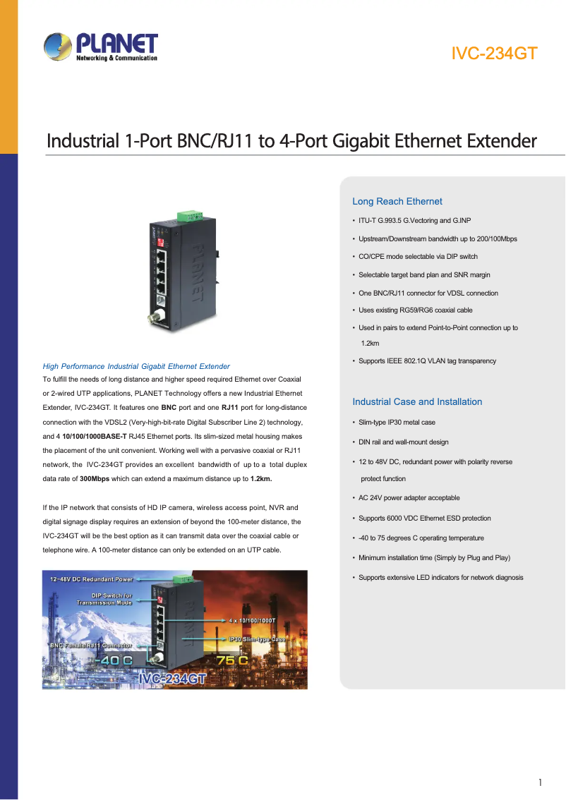 Page n°1 - Fiche technique Planet IVC-234GT