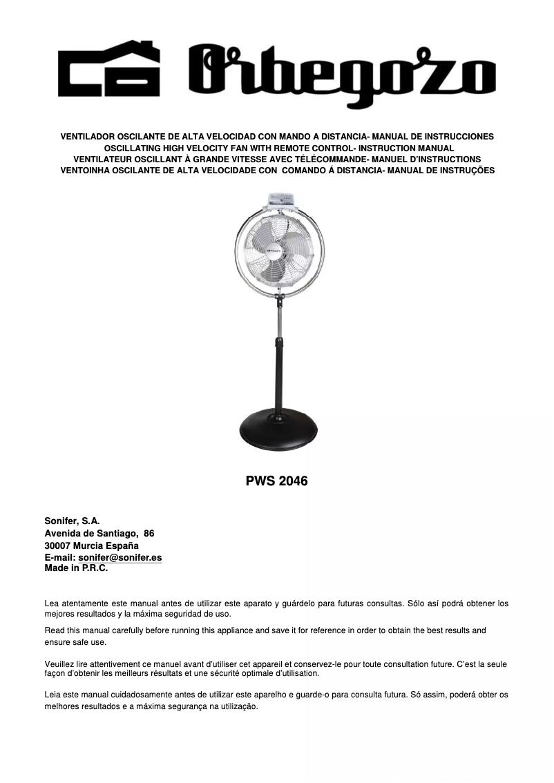 Page 1 de la notice Manuel utilisateur Orbegozo PWS 2046