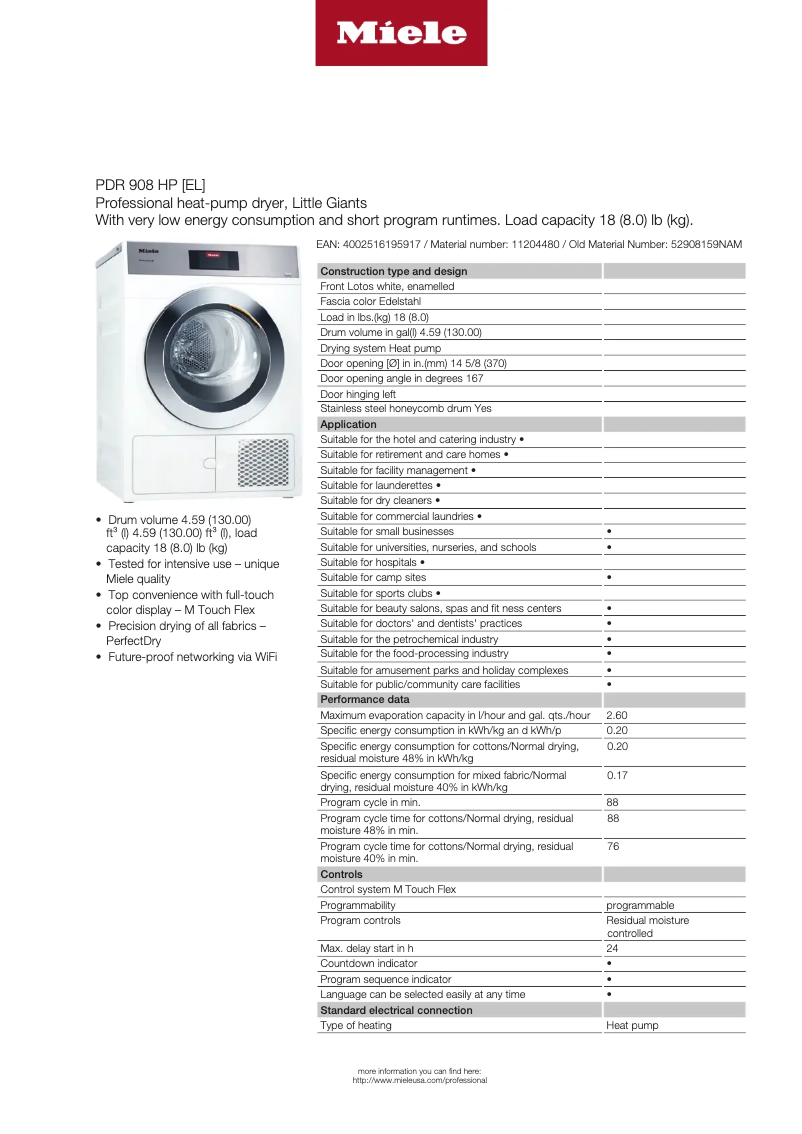 Page 1 de la notice Fiche technique Miele PDR 908