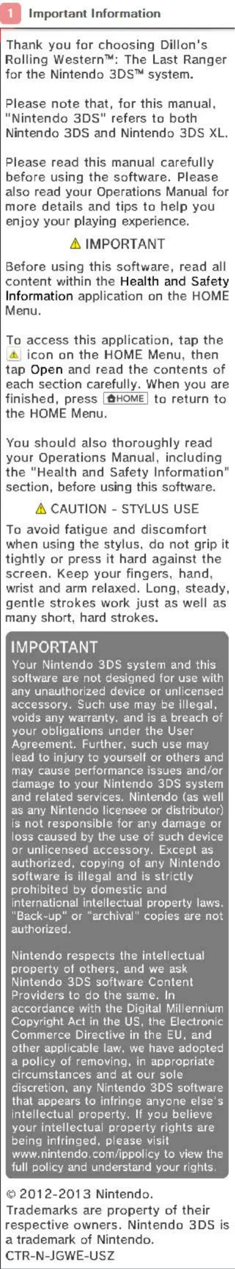 Page 1 de la notice Manuel utilisateur Nintendo Dillons Rolling Western - The Last Ranger (3DS)