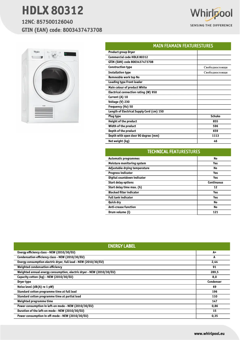 Page 1 de la notice Fiche technique Whirlpool HDLX 80312