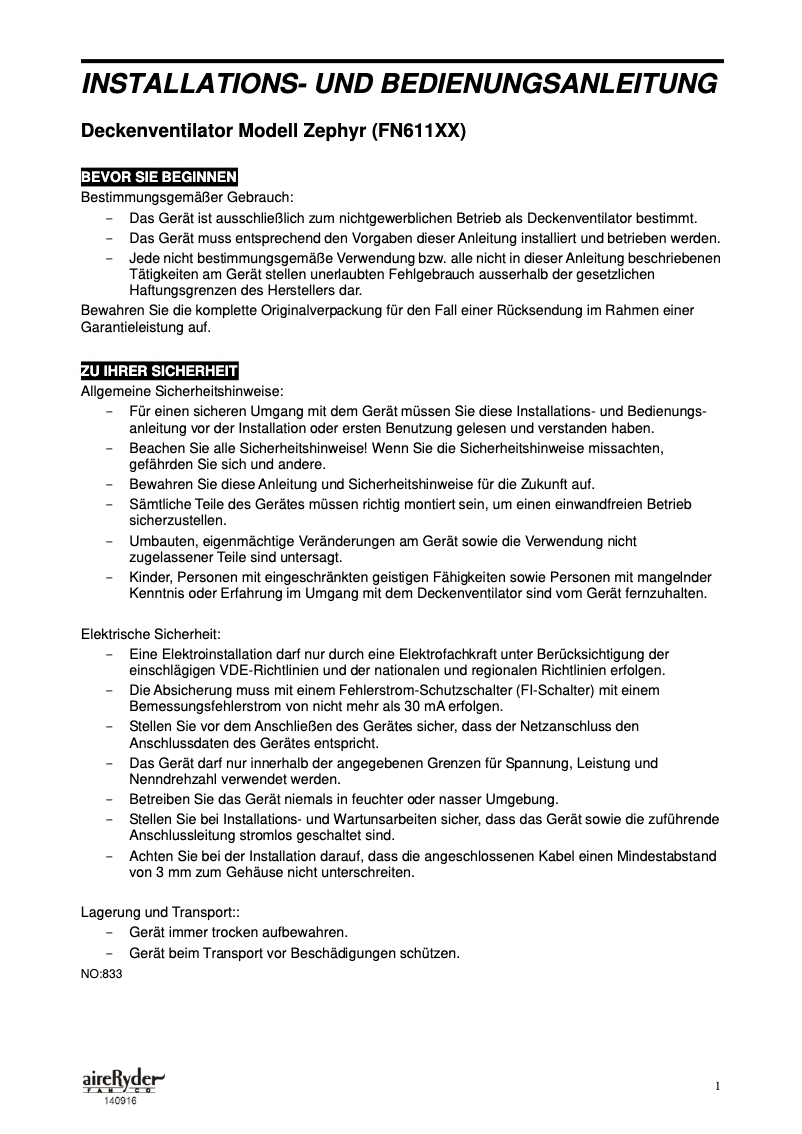 Page n°1 - Manuel utilisateur AireRyder Zeyphyr