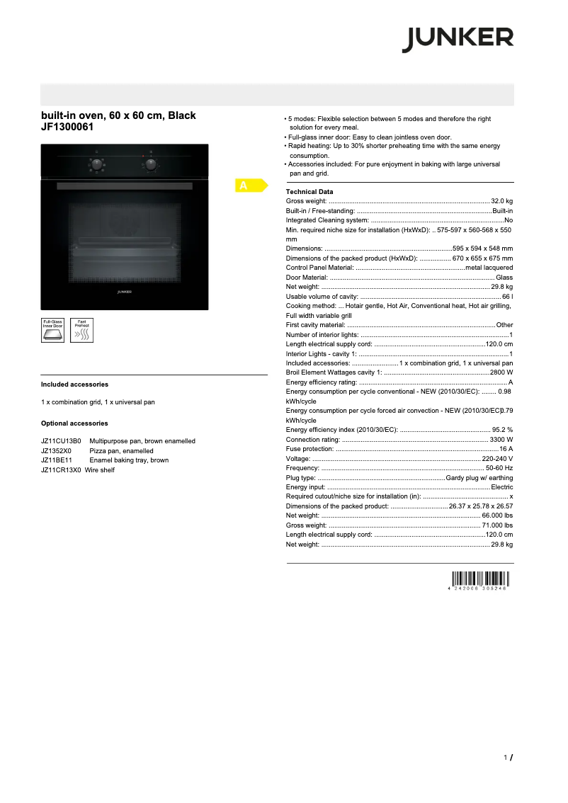 Page 1 de la notice Fiche technique Junker JF1300061