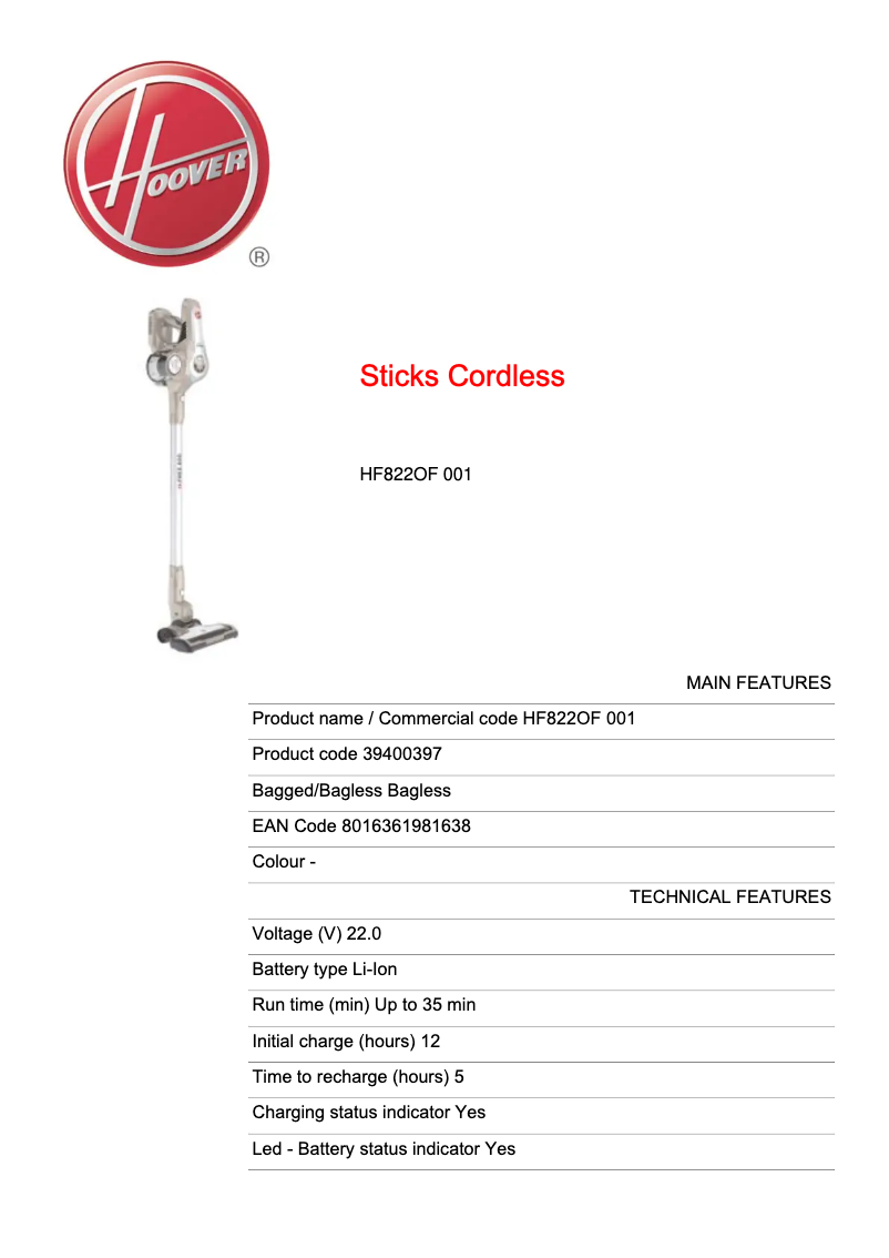 Page 1 de la notice Fiche technique Hoover H-FREE 800 HF822OF 001