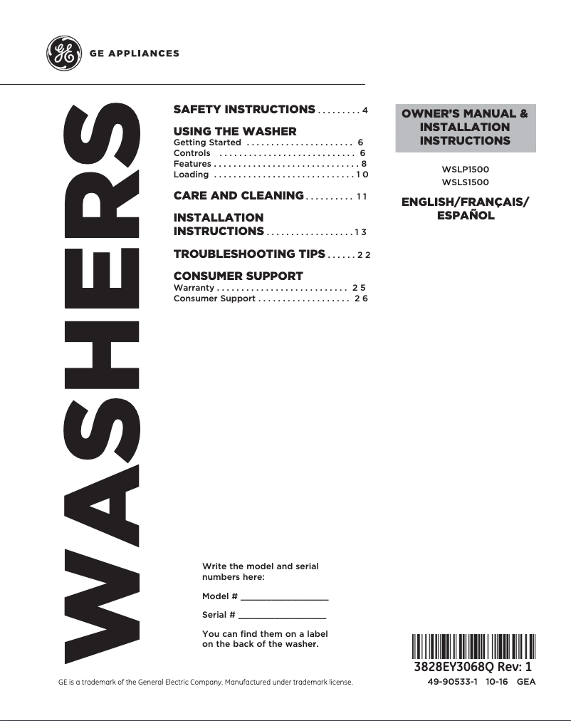 Image de la première page du manuel de l'appareil WSLS1500HWW