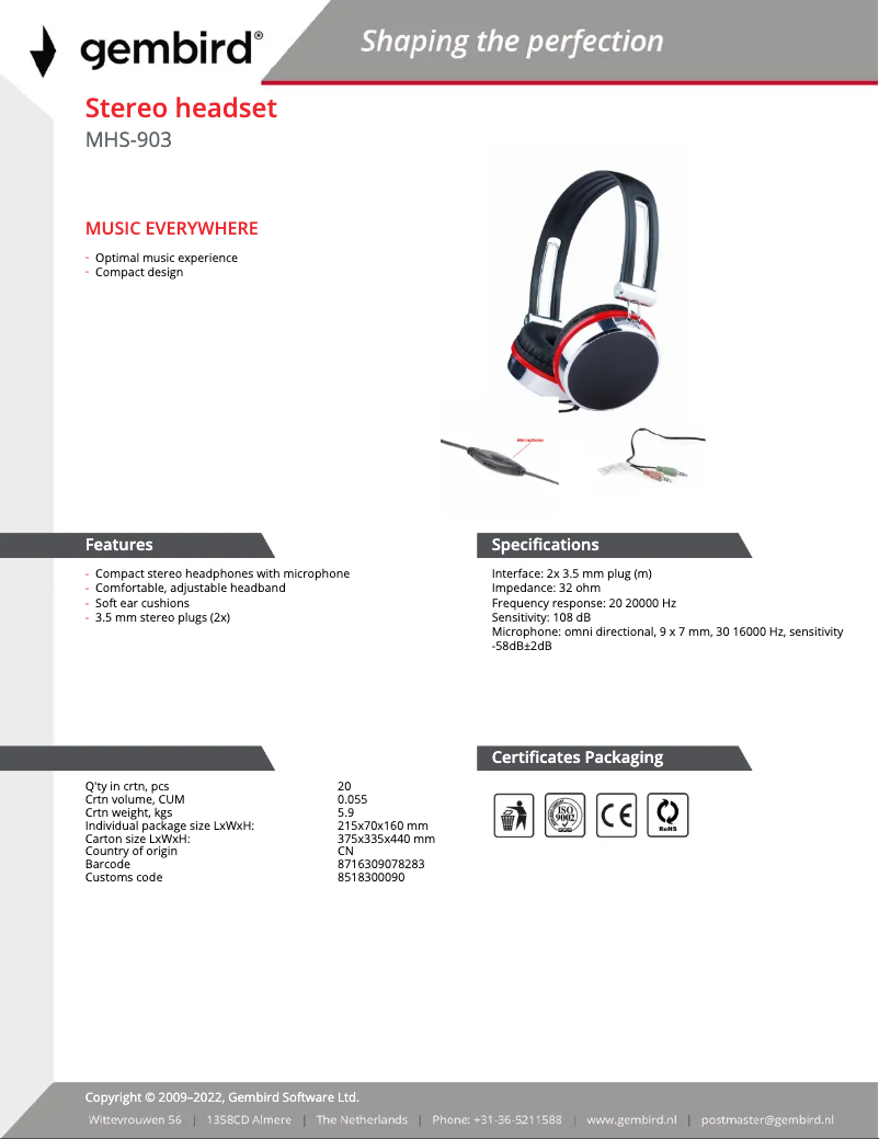Page n°1 - Manuel utilisateur Gembird MHS-903