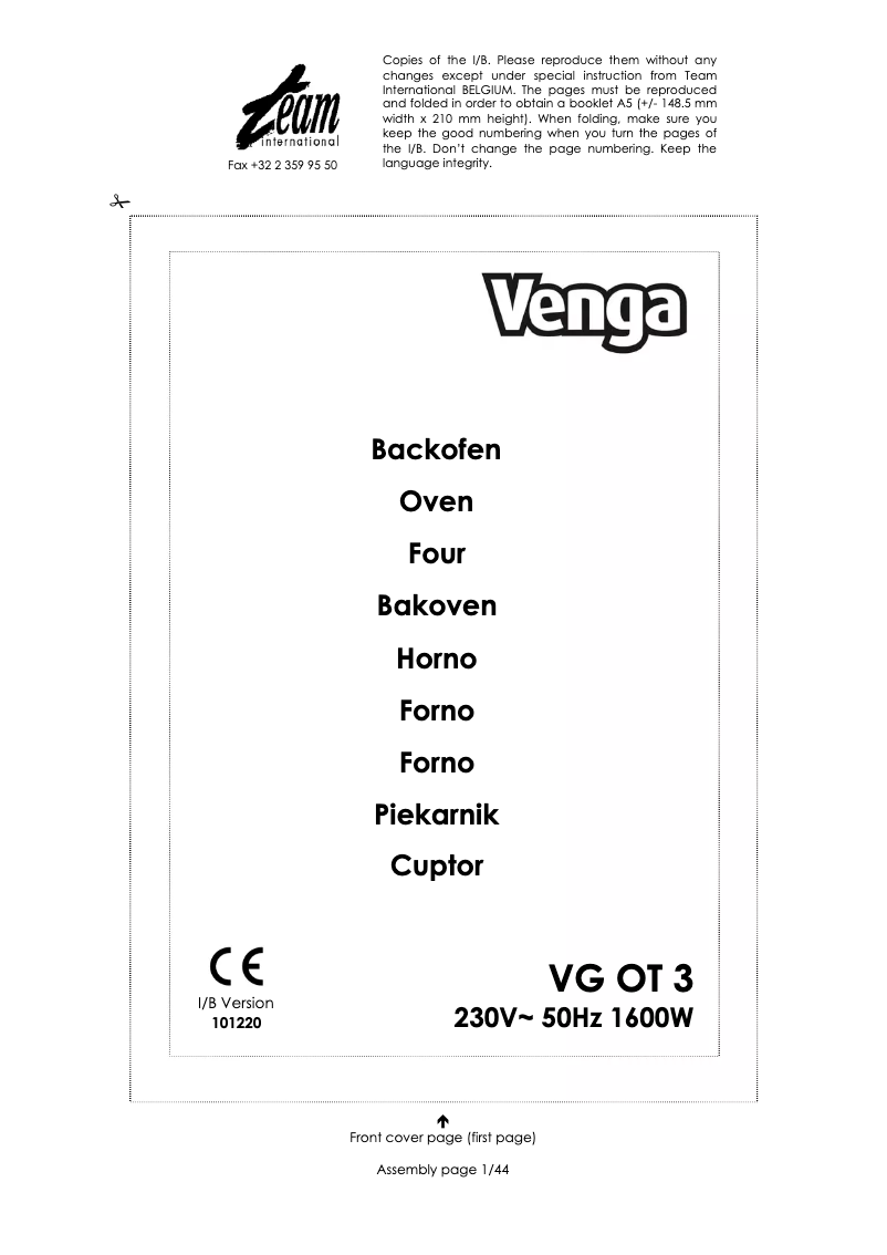 Page n°1 - Manuel utilisateur Venga VG OT 3