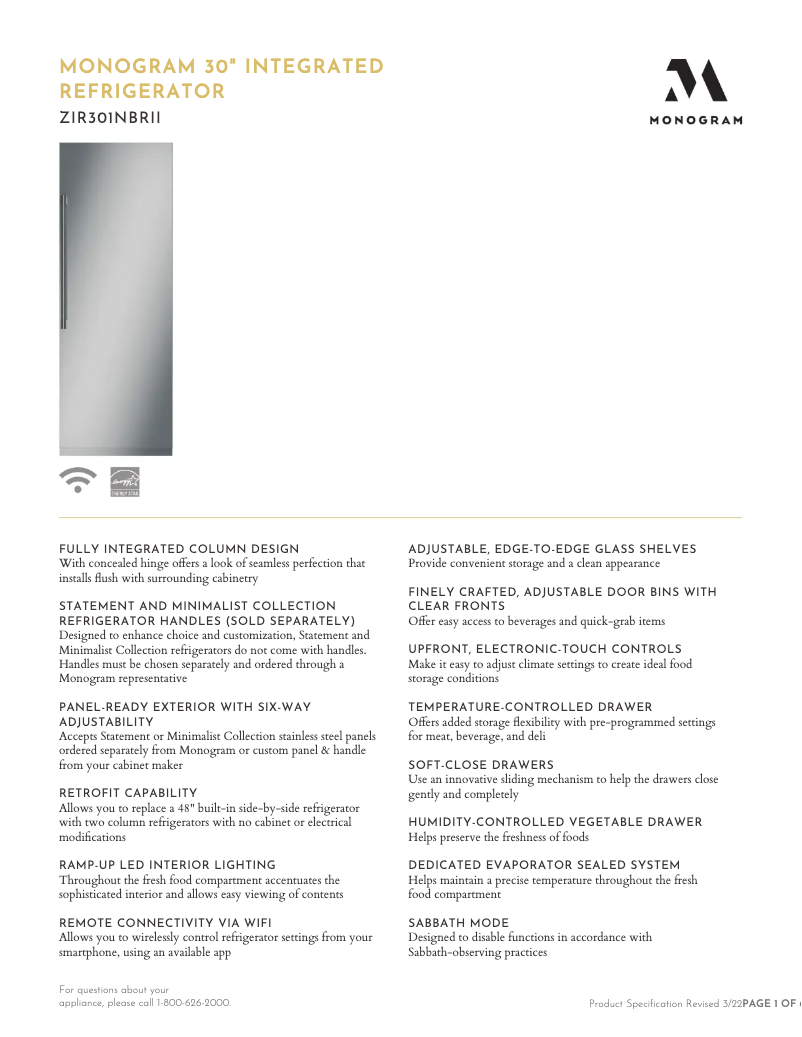 Page 1 de la notice Fiche technique Monogram ZIR301NBRII