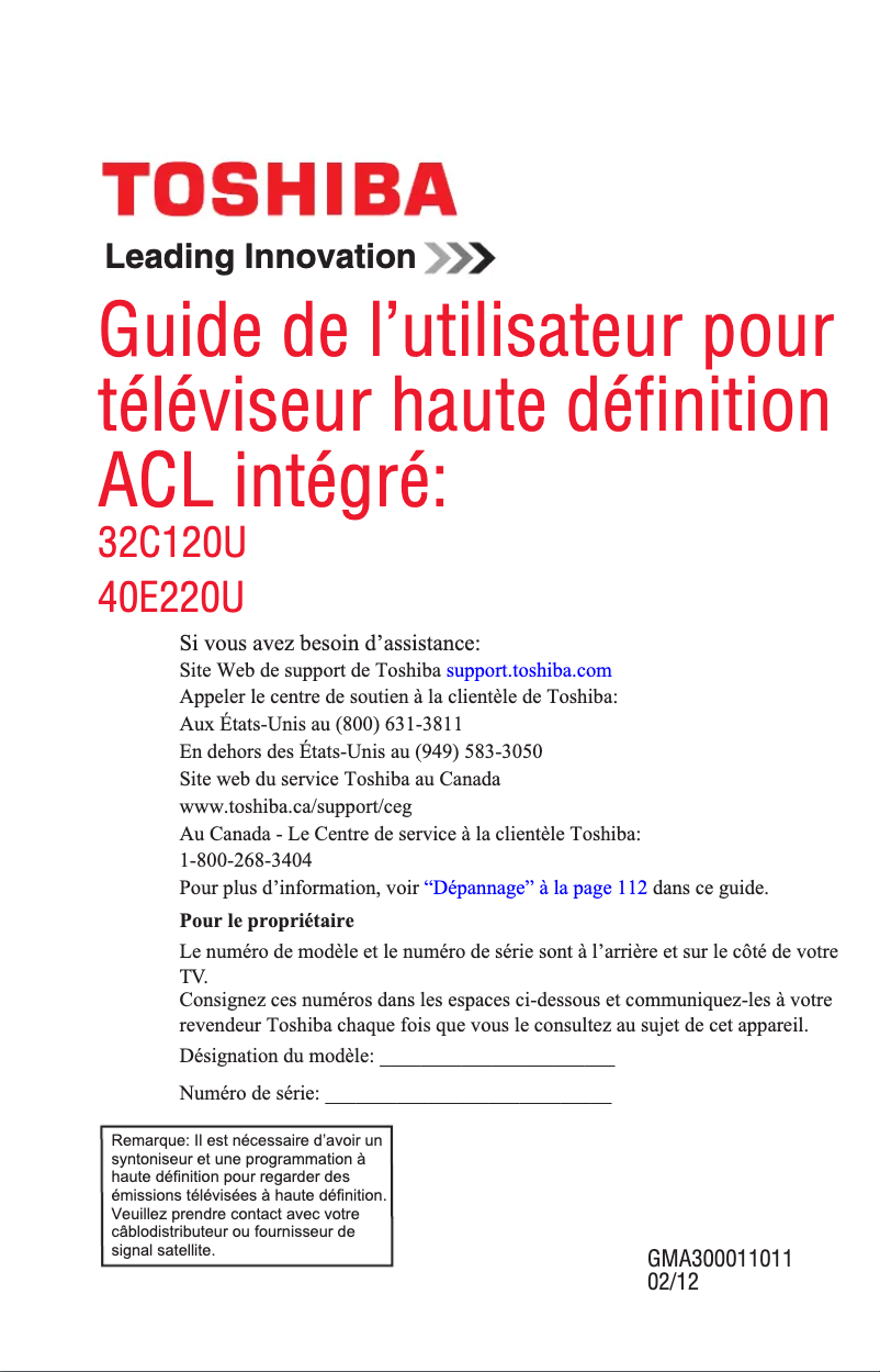 Page 1 de la notice Manuel utilisateur Toshiba 40E220U