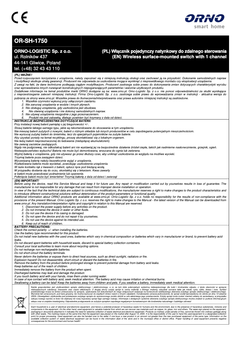 Page 1 de la notice Manuel utilisateur ORNO OR-SH-1750