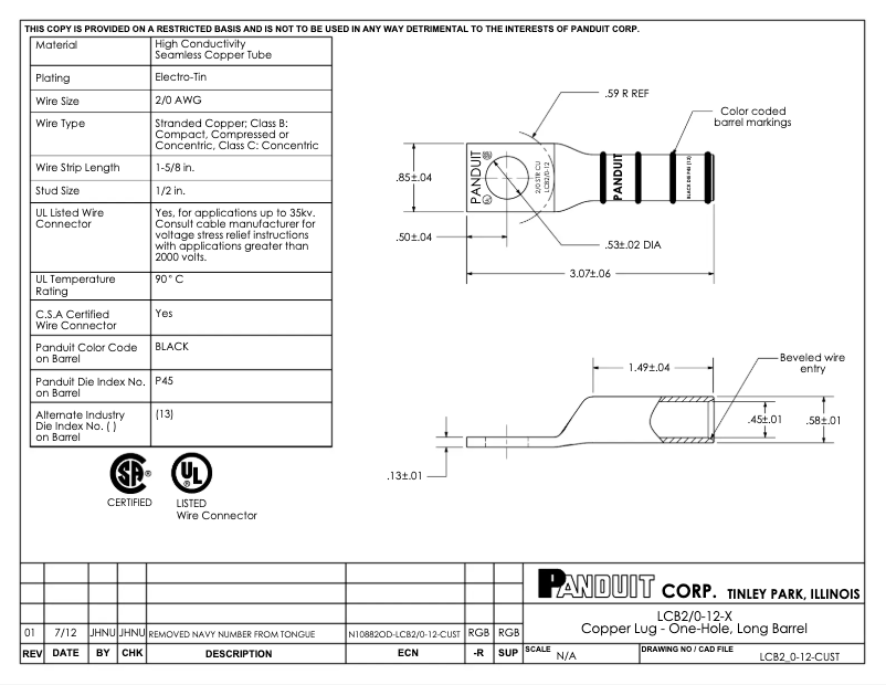 Página 1 del manual Dibujo técnico Panduit LCB2/0-12-X