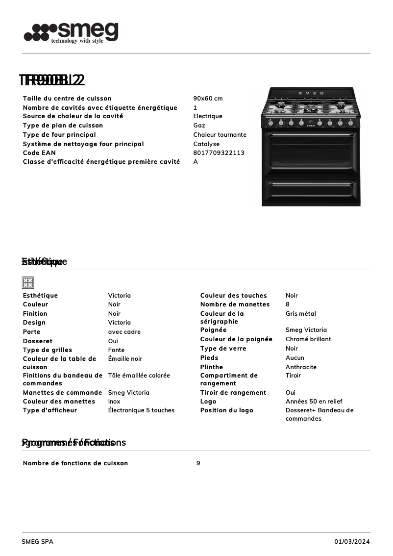 Page 1 de la notice Fiche technique Smeg TR90BL2