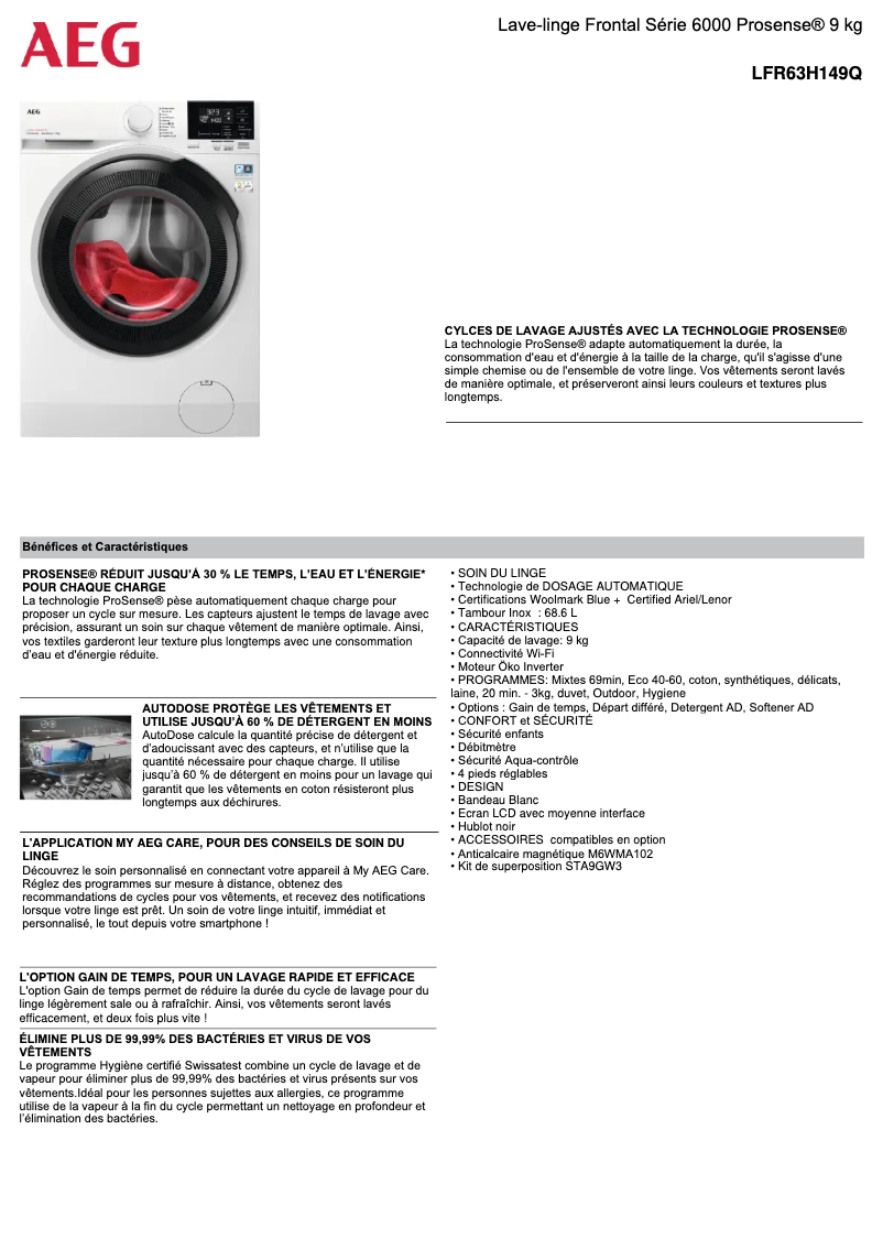 Page 1 de la notice Fiche technique AEG LFR63H149Q