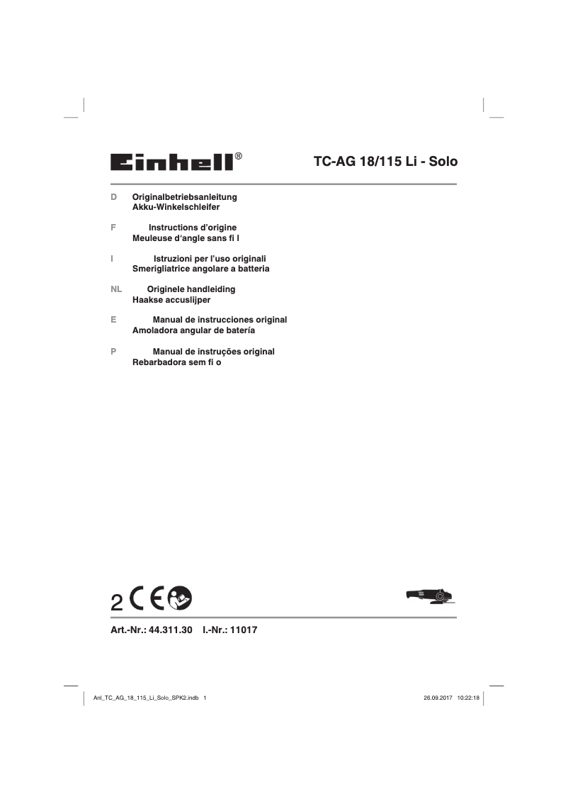 Image de la première page du manuel de l'appareil TC-AG 18/115 Li-Solo