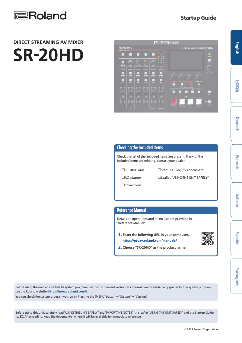 Page n°1 - Manuel utilisateur Roland SR-20HD