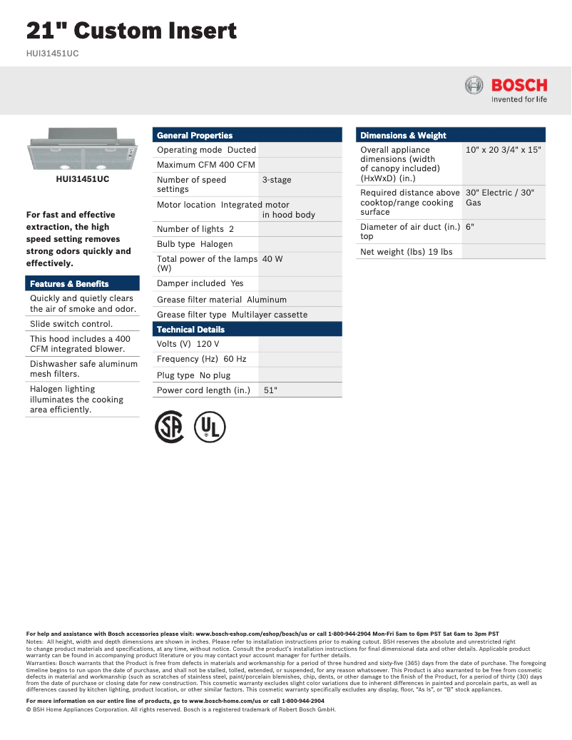 Page n°1 - Fiche technique Bosch HUI31451UC
