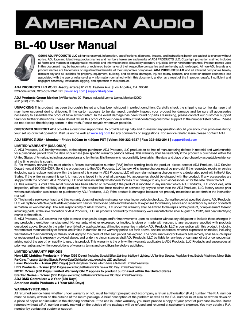 Page 1 de la notice Manuel utilisateur Adj BL-40