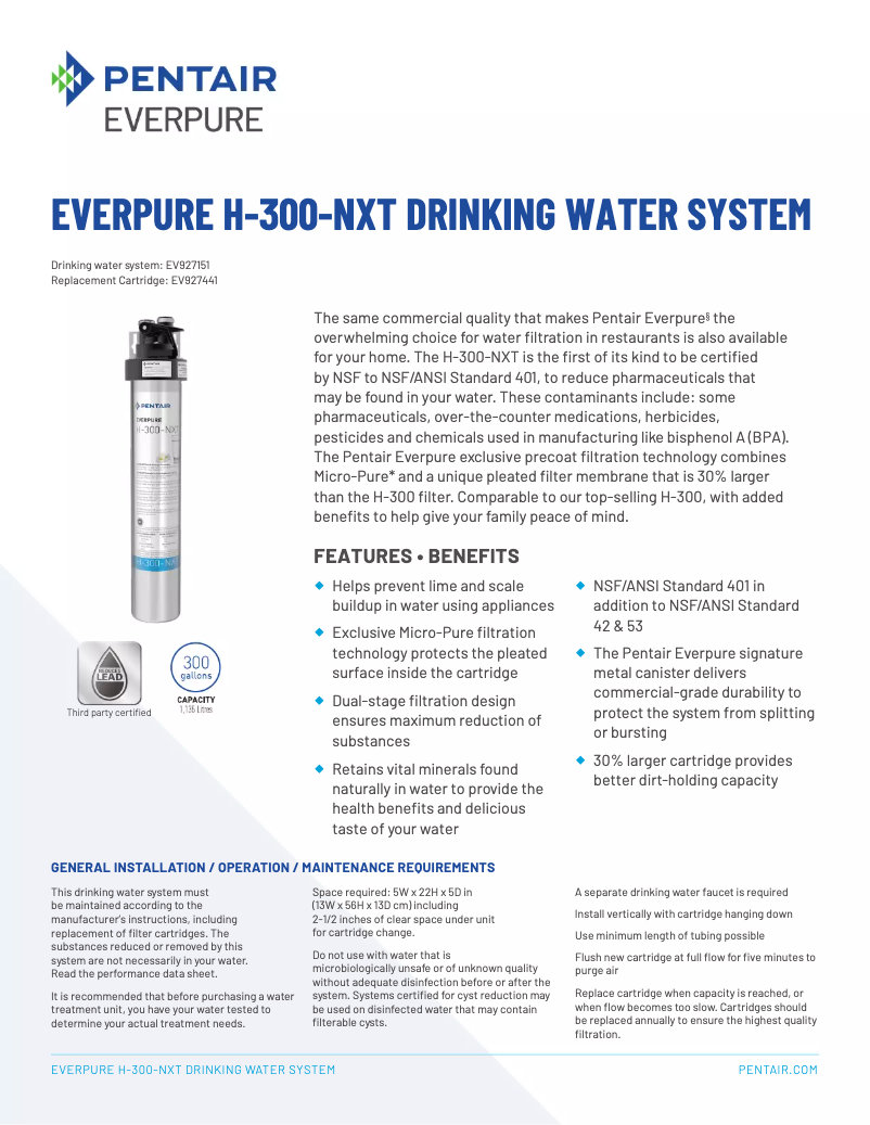 Page 1 de la notice Fiche technique Everpure H-300-NXT