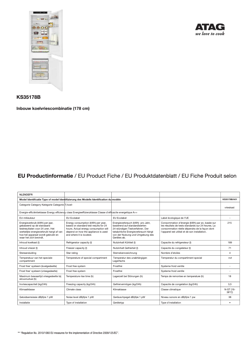 Page 1 de la notice Fiche technique Atag KS35178B