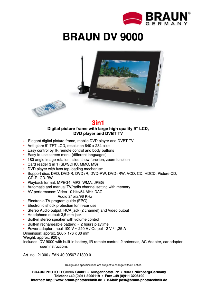 Page 1 de la notice Manuel utilisateur Braun DigiFrame DV 9000