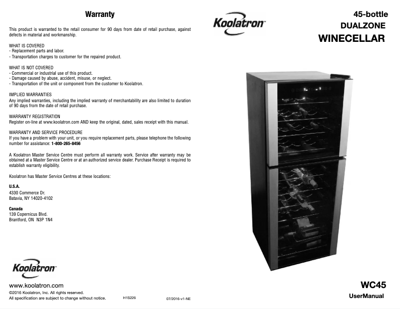 Page n°1 - Manuel utilisateur Koolatron WC45