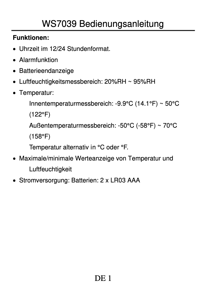 Page 1 de la notice Manuel utilisateur Techno Line WS 7039