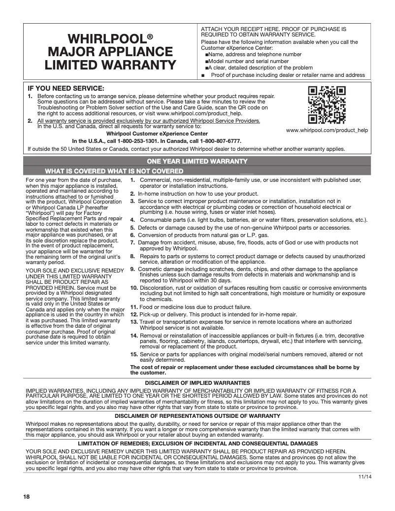 Page 1 de la notice Informations de garantie Whirlpool WGE745C0FS