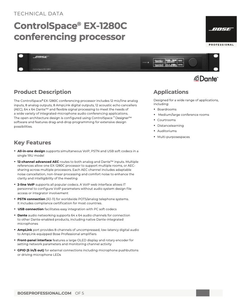 Page 1 de la notice Fiche technique Bose ControlSpace EX-1280C