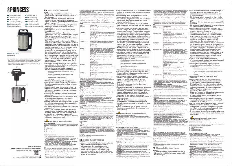 Page 1 de la notice Manuel utilisateur Princess Soup Blender XL 214001