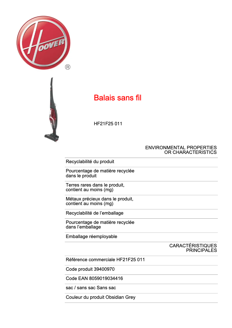 Page n°1 - Fiche technique Hoover HF21F25 011