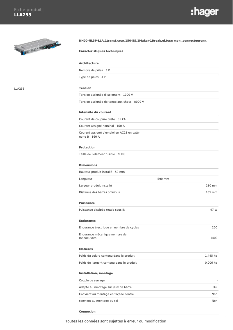 Page n°1 - Fiche technique Hager LLA253