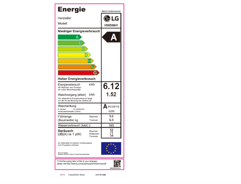 Page 1 de la notice Label énergétique LG V5WD96H1