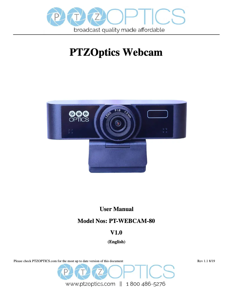 Page 1 de la notice Manuel utilisateur PTZ Optics Webcam V2
