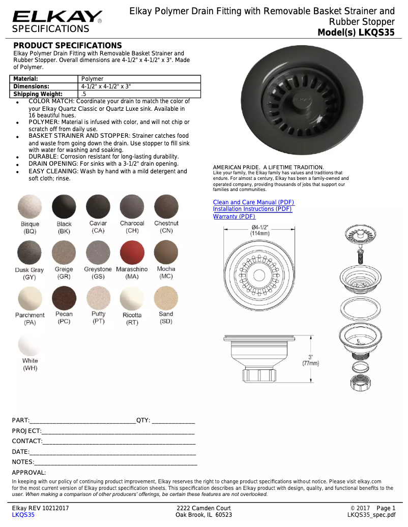 Page 1 de la notice Fiche technique Elkay LKQS35WH