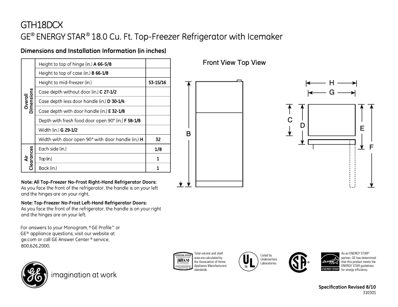 Page 1 de la notice Fiche technique GE GTH18DCXLBB