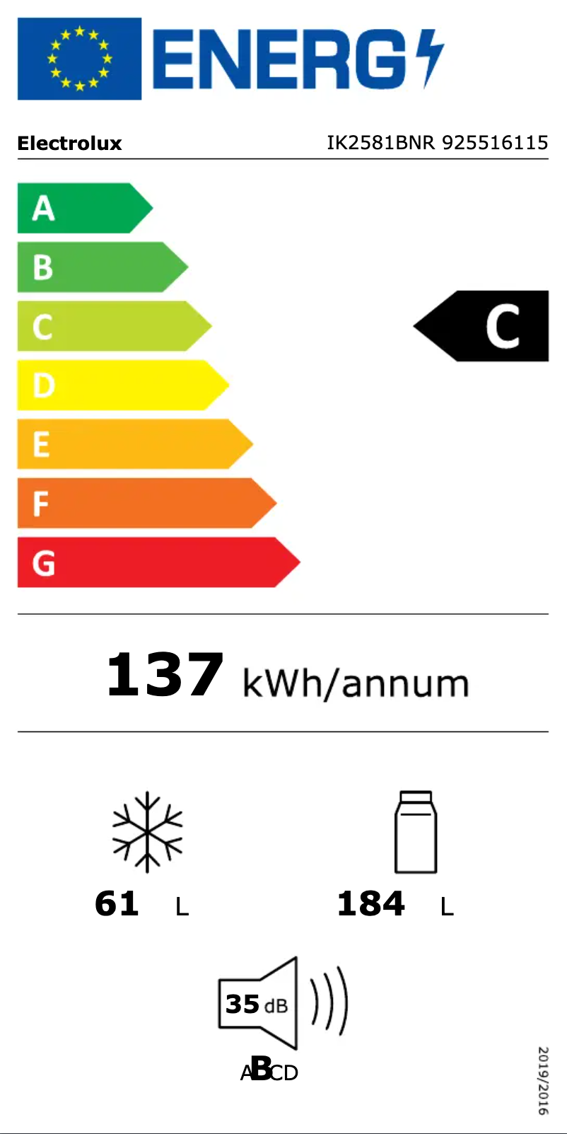 Page 1 de la notice Label énergétique Electrolux IK2581BNR