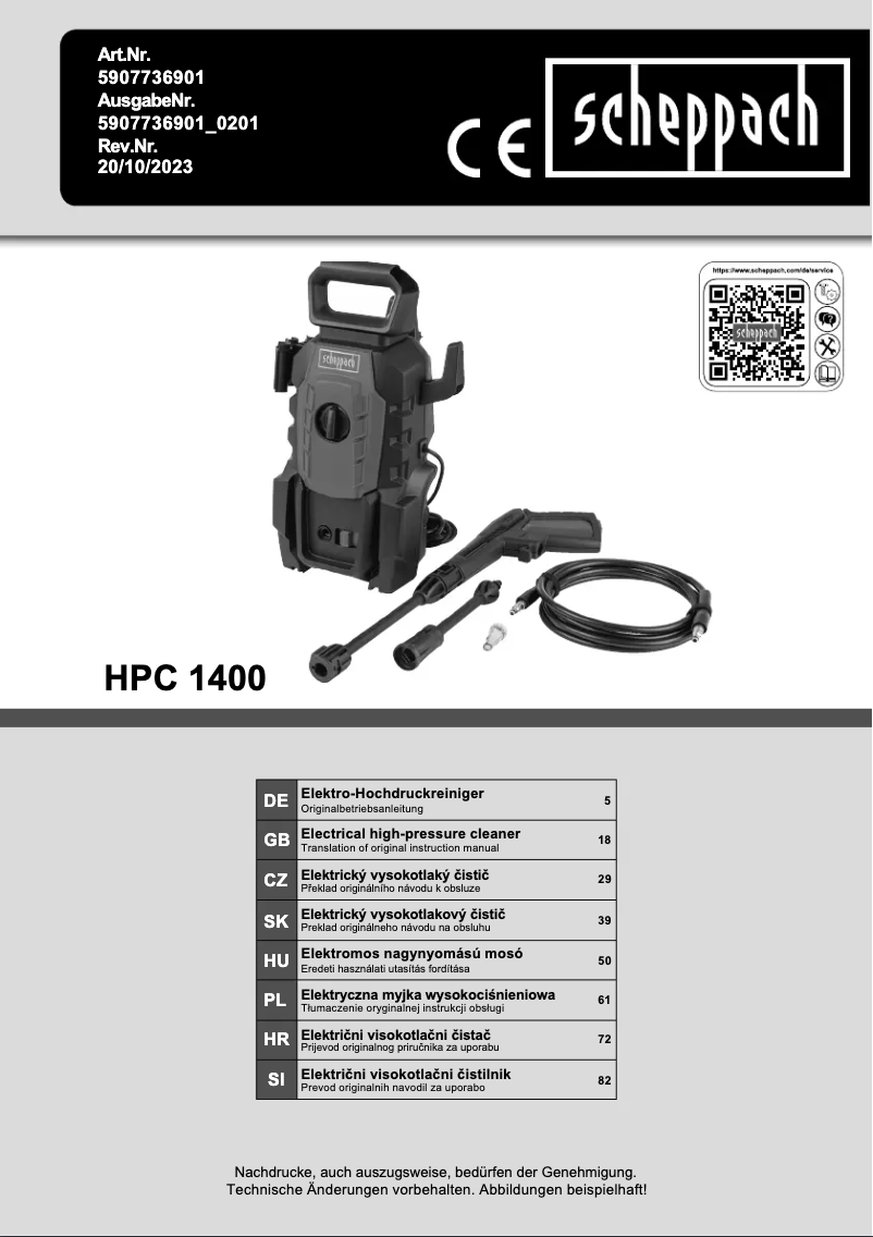Page 1 de la notice Manuel utilisateur Scheppach HPC 1400