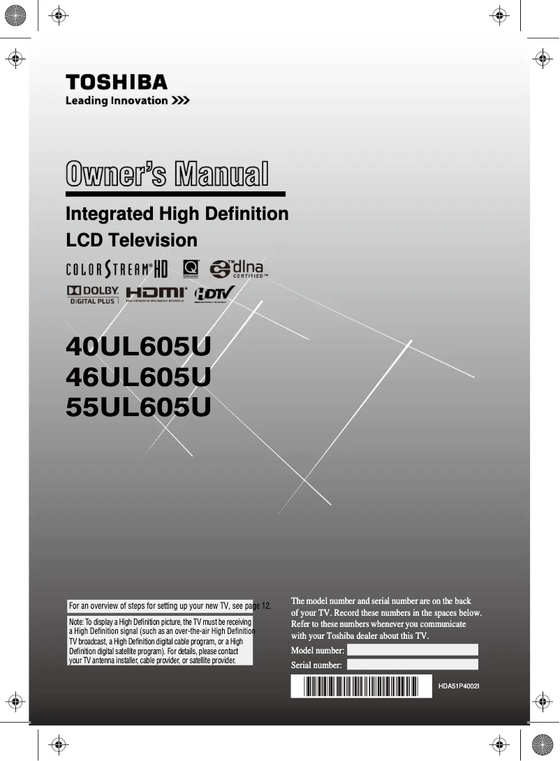 Page n°1 - Manuel utilisateur Toshiba 46UL605U