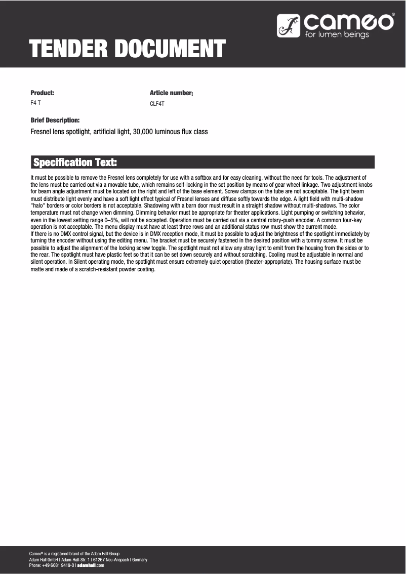 Page 1 de la notice Fiche technique Cameo F4 T