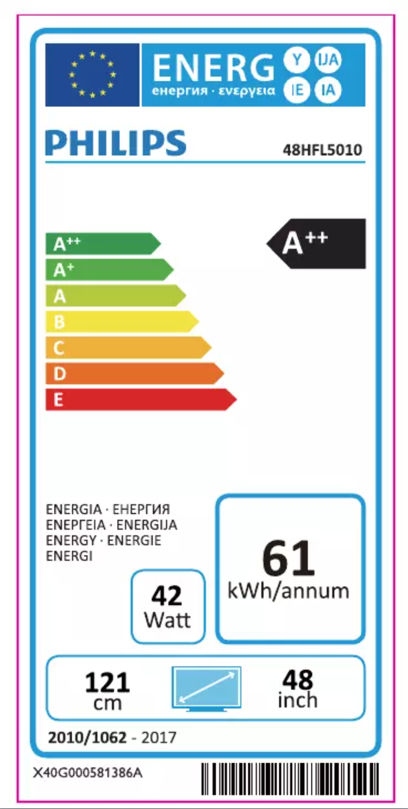 Page n°1 - Label énergétique Philips 48HFL5010T