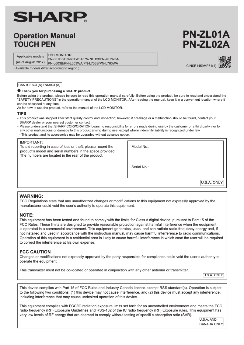 Page n°1 - Manuel utilisateur Sharp PN-ZL01A
