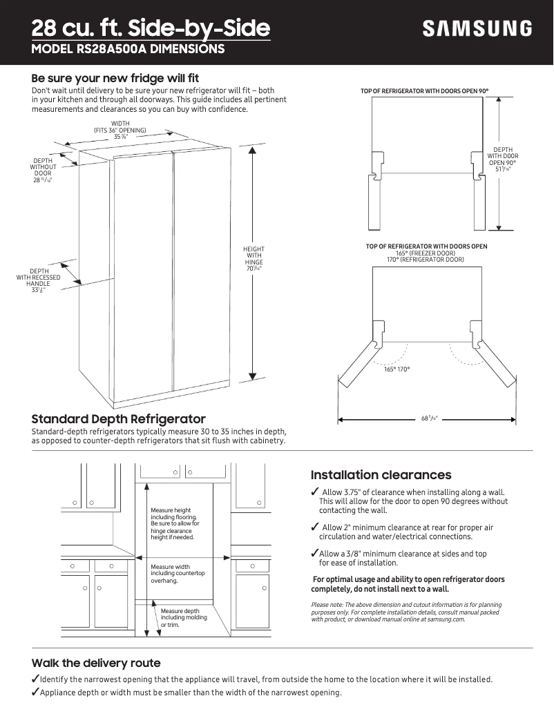 Page 1 de la notice Guide de mesure Samsung RS28A500ASR