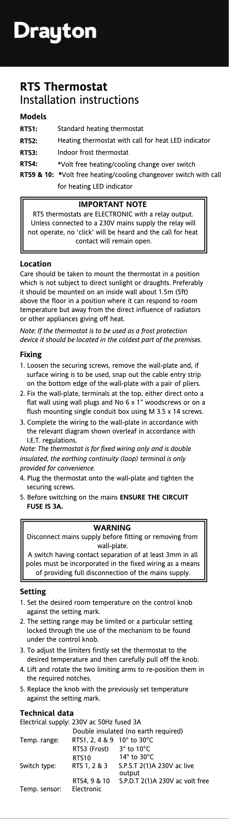 Page 1 de la notice Guide d'installation Drayton RTS9
