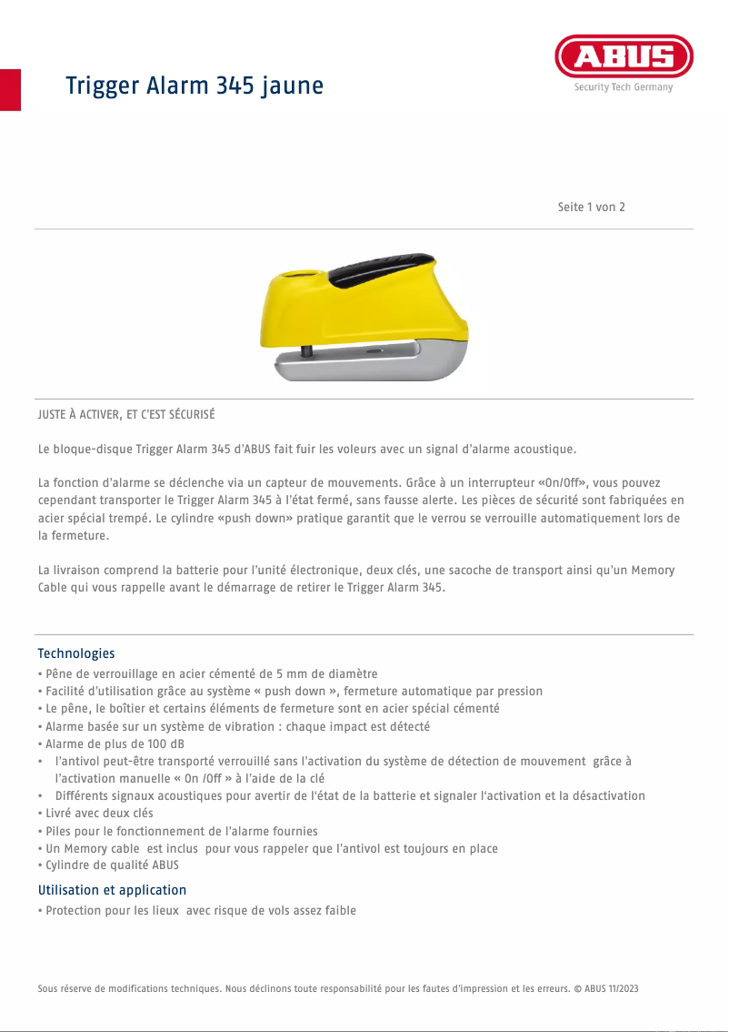 Page n°1 - Manuel utilisateur Abus Trigger Alarm 345