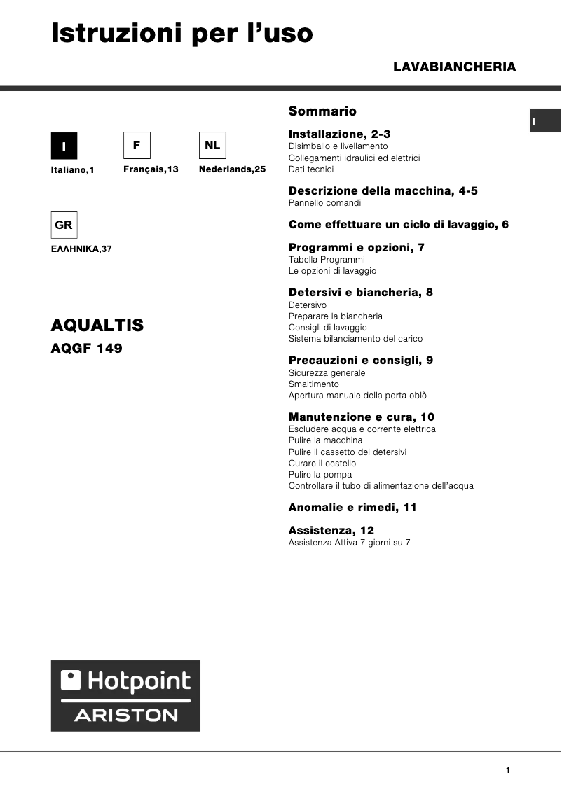 Image de la première page du manuel de l'appareil Aqualtis AQGF 149