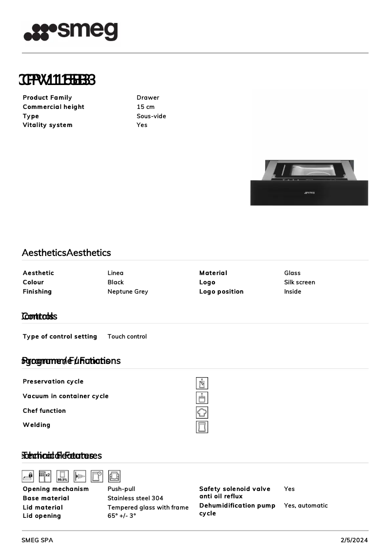 Page n°1 - Fiche technique Smeg CPV115B3